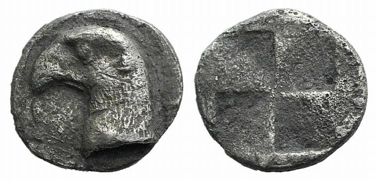 Aeolis, Kyme, c. 450-400 BC. AR Hemiobol (7mm, 0.41g). Head of eagle l.; retrogr...