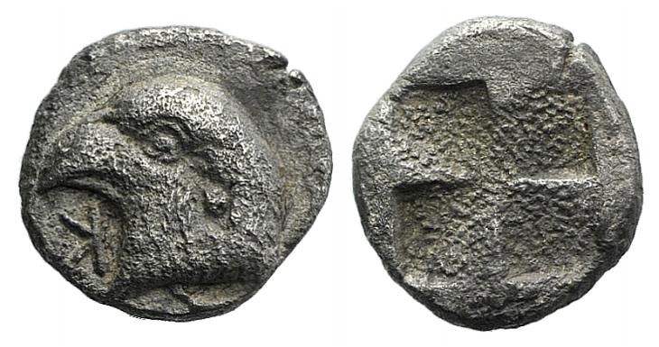 Aeolis, Kyme, c. 450-400 BC. AR Hemiobol (6mm, 0.54g). Head of eagle l.; retrogr...