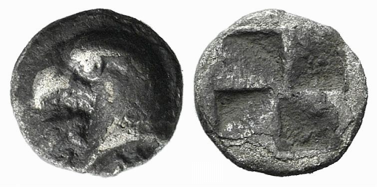 Aeolis, Kyme, c. 450-400 BC. AR Hemiobol (6mm, 0.41g). Head of eagle l.; retrogr...