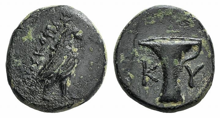 Aeolis, Kyme, c. 350-250 BC. Æ (16mm, 4.09g, 12h). Eagle standing r. R/ One-hand...