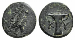 Aeolis, Kyme, c. 350-250 BC. Æ (16mm, 4.09g, 12h). Eagle standing r. R/ One-handled vase. Cf. SNG Copenhagen 46ff. Green patina, Good Fine