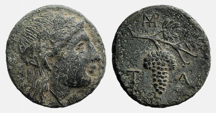 Aeolis, Temnos, 3rd century BC. Æ (17mm, 3.58g, 11h). Head of Dionysos r., weari...