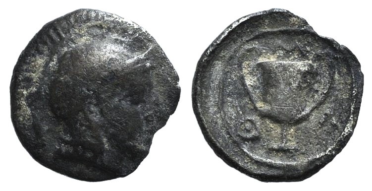 Lesbos, Methymna, c. 450/40-406/379 BC. AR Obol (8mm, 0.39g, 6h). Helmeted head ...