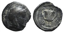 Lesbos, Methymna, c. 450/40-406/379 BC. AR Obol (8mm, 0.39g, 6h). Helmeted head of Athena r. R/ Kantharos; M-A-Θ counterclockwise around. Franke 12; H...
