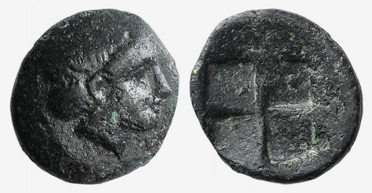 Lesbos, Mytilene, c. 440-400 BC. Æ (8mm, 0.69g). Diademed head of Apollo r. R/ Q...