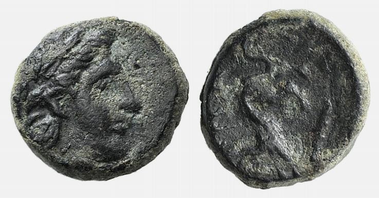 Lesbos, Nesos, 4th century BC. Æ (8mm, 0.86g, 12h). Laureate head of Apollo r. R...