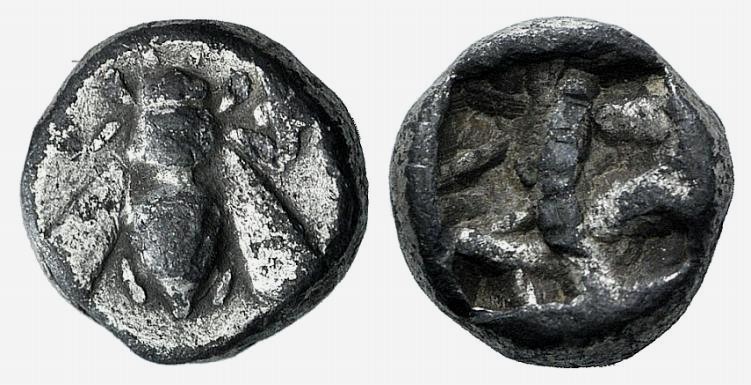 Ionia, Ephesos, c. 500-420 BC. AR Diobol (7mm, 1.25g). Bee. R/ Quadripartite inc...