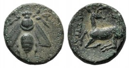 Ionia, Ephesos, c. 390-320/00 BC. Æ (14mm, 2.66g, 12h). […]estratos, magistrate. Bee. R/ Stag kneeling l., head r.; astragalos above. Cf. SNG Copenhag...