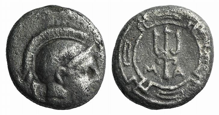 Ionia, Magnesia ad Maeandrum, c. 400-350 BC. AR Obol (8mm, 0.78g, 6h). Helmeted ...