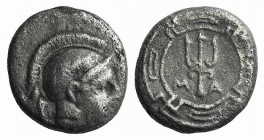 Ionia, Magnesia ad Maeandrum, c. 400-350 BC. AR Obol (8mm, 0.78g, 6h). Helmeted head of Athena r. R/ M-A flanking trident; all within circular maeande...