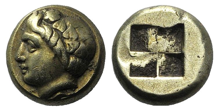 Ionia, Phokaia, c. 387-326 BC. EL Hekte – Sixth Stater (9mm, 2.53g). Wreathed he...