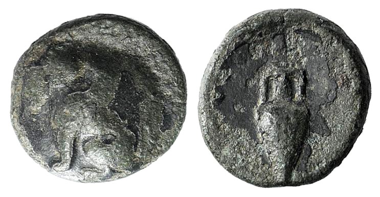 Islands off Ionia, Chios, c. 4th century BC. Æ (9mm, 1.12g, 9h). Sphinx seated l...