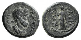 Caria, Tabai. Pseudo-autonomous issue, 2nd-3rd century AD. Æ (17mm, 3.64g, 12h). Draped bust of Zeus r. R/ Nemesis standing l., plucking chiton, holdi...