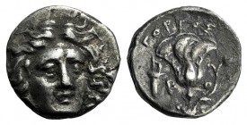 Islands of Caria, Rhodos. Rhodes, c. 205-190 BC. AR Drachm (13.5mm, 2.69g, 12h). Gorgos, magistrate. Head of Helios facing slightly right / Rose with ...
