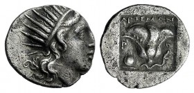 Islands of Caria, Rhodos. Rhodes, c. 188-170 BC. AR Drachm (15mm, 2.85g, 12h). Artemon, magistrate. Radiate head of Helios r. R/ Rose with bud to r.; ...