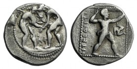 Pamphylia, Aspendos, c. 380/75-330/25 BC. AR Stater (22mm, 10.71g, 12h). Two wrestlers grappling; AΦ between. R/ Slinger in throwing stance r.; triske...