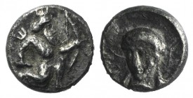 Cilicia, Uncertain, c. 4th century BC. AR Tetartemorion (4mm, 0.21g, 12h). Persian king or hero in kneeling-running stance r., holding dagger and bow....