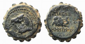 Seleukid Kings, Demetrios I (162-150 BC). Serrate Æ (15mm, 5.32g, 1h). Antioch. Head of horse l. R/ Head of elephant r. SC 1646; HGC 9, 833. Earthy-gr...