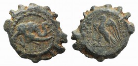 Seleukid Kings, Alexander II Zabinas (128-122 BC). Serrate Æ (16mm, 3.39g, 11h). Perhaps Apameia on the Orontes. Elephant head r. R/ Eagle with open w...