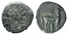 Carthage, c. 400-350 BC. Æ (16mm, 2.91g, 11h). Wreathed head of Tanit l. R/ Horse standing r. before palm tree. MAA 18; SNG Copenhagen 109-19. Green p...