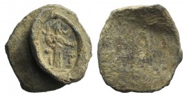 Greek-Roman Provincial Lead Seal (14mm, 6.71g). Tyche standing r., holding cornucopia and patera over altar; crescent to r. VF
