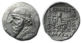 Kings of Parthia, Mithradates II (121-91 BC). AR Drachm (20mm, 4.08g, 12h). Rhagai, c. 109-96/5. Diademed and draped bust l., wearing long beard, earr...