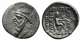 Kings of Parthia, Mithradates II (121-91 BC). AR Drachm (20mm, 3.85g, 12h). Rhagai, c. 109-96/5. Diademed and draped bust l., wearing long beard, earr...