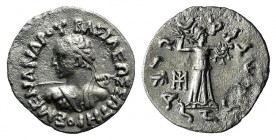 Baktria, Indo-Greek Kingdom. Menander I (c. 155-130 BC). AR Drachm (17mm, 2.32g, 12h). Diademed bust l. seen from behind, wielding spear, aegis on sho...
