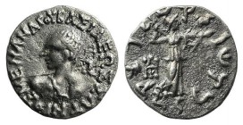 Baktria, Indo-Greek Kingdom. Menander I (c. 155-130 BC). AR Drachm (15mm, 2.42g, 12h). Diademed bust l. seen from behind, wielding spear, aegis on sho...