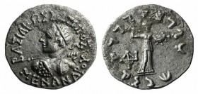 Baktria, Indo-Greek Kingdom. Menander I (c. 155-130 BC). AR Drachm (17mm, 2.35g, 12h). Diademed bust l. seen from behind, wielding spear, aegis on sho...