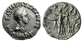 Baktria, Indo-Greek Kingdom. Menander I (c. 155-130 BC). AR Drachm (15mm, 2.37g, 12h). Diademed and draped bust r. R/ Athena Alkidemos advancing l., h...