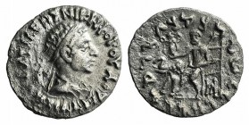 Baktria, Indo-Greek Kingdom. Antialkidas (c. 130-120 BC). AR Drachm (16mm, 2.24g, 12h). Diademed and draped bust right / Zeus Nikephoros seated facing...