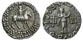 Indo-Skythians, Azes (c. 58-12 BC). AR Tetradrachm (24mm, 9.43g, 12h). Azes on horseback r., holding whip; Ma to r. R/ Pallas standing r., extending h...