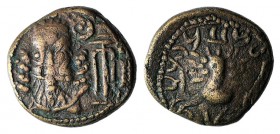 Kings of Elymais, Orodes II (c. AD 150-200). Æ Drachm (17mm, 4.87g, 12h). Bearded facing bust wearing tiara; crescent and anchor to r. R/ Bust of Belo...