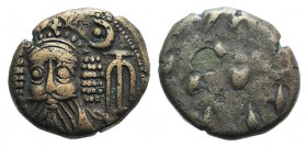 Kings of Elymais, Orodes II (c. AD 100-150). Æ Drachm (14mm, 3.58g). Facing bust wearing tiara; anchor to r. R/ Dashes. Van’t Haaff Type 13.3. Good VF...