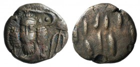 Kings of Elymais, Orodes II (c. AD 100-150). Æ Drachm (14mm, 3.27g). Facing bust wearing tiara; anchor to r. R/ Dashes. Van’t Haaff Type 13.3. VF - Go...