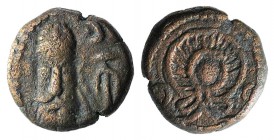 Kings of Elymais. Phraates (c. AD 100-150). Æ Drachm (12mm, 2.77g, 11h). Facing bust wearing tiara; anchor to r. R/ Diadem. Van’t Haaff Type 14.4. VF...