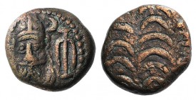 Kings of Elymais, Phraates (c. 100-150 AD). Æ Drachm (12mm, 3.11g). Bust facing, wearing tiara. R/ Crescents. Van’t Haaff Type 14.5.1-2. VF