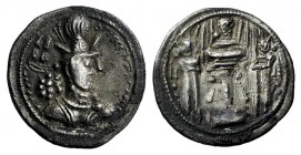 Sasanian Kings of Persia, Shahpur II (309-379). AR Drachm (22mm, 4.10g, 3h). Crowned bust r. R/ Fire altar flanked by attendants; bust r. in flames. G...