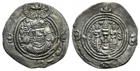Sasanian Kings of Persia. Khusrau II (590-628). AR Drachm (30mm, 3.51g, 3h). AW (Ohrmazd-Ardaxšīr - Ahwāz). Crowned bust r. R/ Fire altar flanked by a...
