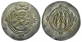 Sasanian Kings of Persia. Khusrau II (590-628). AR Drachm (32mm, 4.07g, 9h). WYHC (Weh-az-Amid-Kavād). Crowned bust r. R/ Fire altar flanked by attend...