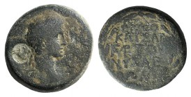 Augustus or Tiberius (27 BC - AD 37). Lydia, Nysa. Æ (19mm, 5.83g, 12h). Laureate head r.; c/m: capricorn r. R/ Legend in five lines within wreath. RP...