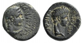 Nero (54-68). Lydia, Sardes. Æ (14mm, 3.92g, 12h). Minidius, strategus, c. 60. Laureate head of Nero r. R/ Laureate head of beardless Herakles r., wea...