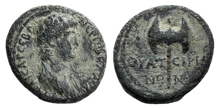 Nero (Caesar, 51-54). Lydia, Thyatira. Æ (16mm, 2.90g, 12h). Bare-headed and dra...