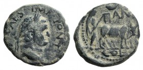 Titus (79-81). Pisidia, Antioch. Æ (21mm, 5.94g, 6h). Laureate head r. R/ Founder plowing r. with yoke of oxen. RPC II 1605; SNG BnF 1076. Green patin...