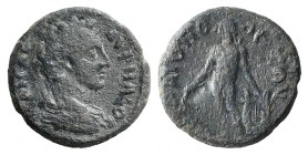 Hadrian (117-138). Phrygia, Palaeobeudus. Æ (18mm, 3.41g, 6h). Laureate, draped and cuirassed bust r., seen from behind. R/ Apollo naked standing faci...