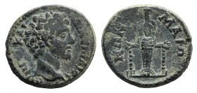 Marcus Aurelius (Caesar, 139-161). Lydia, Maeonia. Æ (17mm, 3.38g, 12h). Bare head r. R/ Cult statue of Artemis of Ephesus facing with supports. RPC I...
