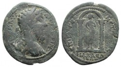 Marcus Aurelius (161-180). Lydia, Philadelphia. Æ (32mm, 12.08g, 6h). Eugenetor, magistrate, c. 166-180. Laureate and cuirassed bust r. R/ Shrine with...