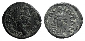 Septimius Severus (193-211). Lydia, Acrasus. Æ (19mm, 3.18g, 6h). Laureate head r. R/ Asclepius standing facing, head l., leaning upon serpent-entwine...