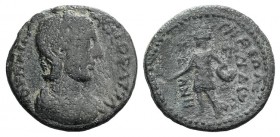 Tranquillina (Augusta, 238-244). Ionia, Smyrna. Æ (30mm, 13.69g, 6h). Diademed and draped bust r. R/ The Amazon Smyrna standing l., holding [temple in...